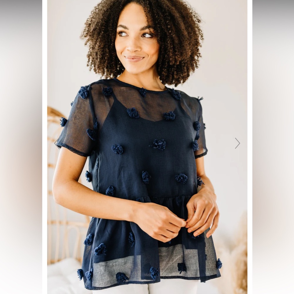 Navy blue Swiss dot top Large